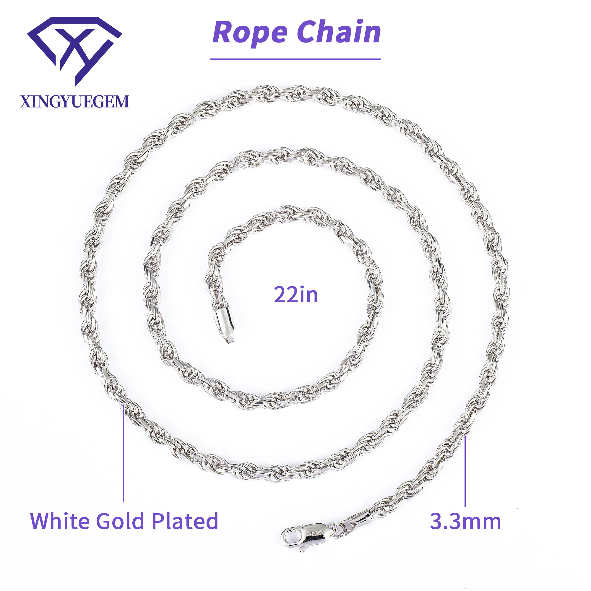 3.3 mm 22in silver color rope chain