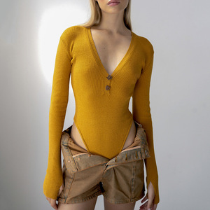Women V-neck Knitted Bodysuit Solid Color <b>Long</b> <b>Sleeve</b> Button Front Yellow Cotton <b>Base</b> <b>Layer</b> Sexy Low-cut Bodysuit - Product Image 2