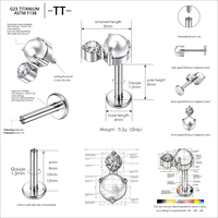 Piercing Labret en Titane ASTM F136 G23 à Filetage Interne, Perle Ronde CZ, Plaqué Or, Dos Plat, pour Cartilage, Lèvre, Hélix, Tragus