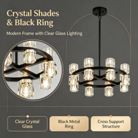 Lustre de luxe en cristal à 16 lumières, design roue de chariot noire, hauteur réglable, plafonnier LED avec abat-jour en cristal transparent