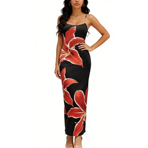 Vestido Largo sin Mangas con Tirantes Finos para Mujer, Estampado Floral Rojo, Ajustado, Formal, para Fiestas y Eventos - Product Image 2