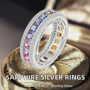Bague Éternité Saphir Bleu et Diamant, Sertie en Pavé, Plaqué Or, Bijoux de Mariage, Taille Personnalisée - Product Image 2
