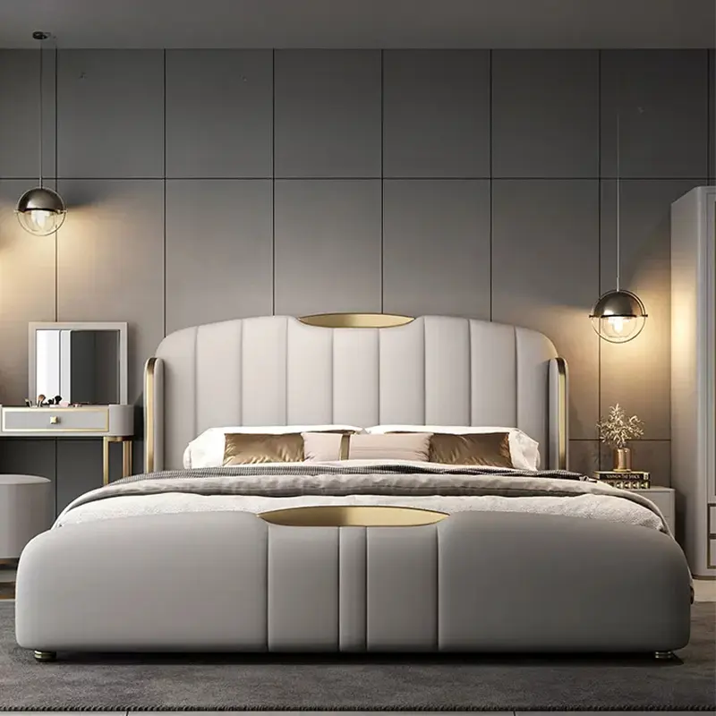 Lichte Luxe Massief Houten Tweepersoonsbed Luxe Lederen Kingsize Bed Met Kussens Slaapkamermeubelset