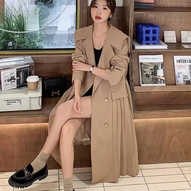 OUDINA New Loose Chic Navy Collar Khaki Pleated Coat Dress Winter Long Trench Coats For Women