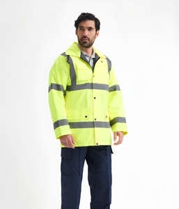 Veste de sécurité haute visibilité avec bandes réfléchissantes jaunes, manteau de travail pour hommes, design imperméable à capuche - Product Image 1