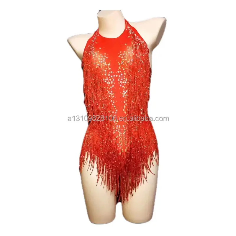 Golden tassel dress red steel tube dance dress Ds white flash diamond Latin performance dress black diving performance