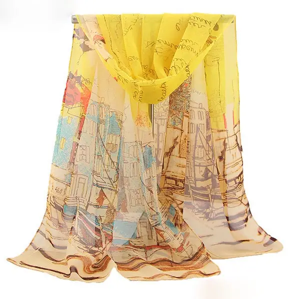 Wholesale Manufacturers Georgette Scarf Chiffon Beautiful House Patter Printed Yellow Scarf Summer