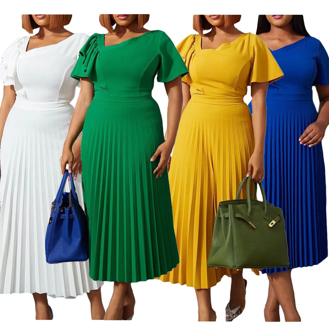 D231 New arrival fashion summer business womens dresses plus size ladies office dress ruffle sleeve pleated career dresses