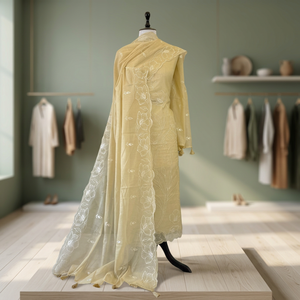 Conjunto de tres piezas de tela Banarasi con un tejido rico y elegante que incluye top, pantalón y dupatta para bodas, fiestas y eventos festivos. - Product Image 1