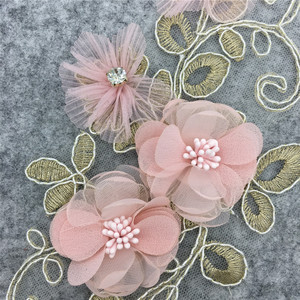 Aplique Floral Elegante 3D em <span class=keywords><strong>Chiffon</strong></span> com Renda, Strass e Miçangas para Decoração de Vestido de Noiva - Acessórios de Bordado Personalizados - Product Image 3