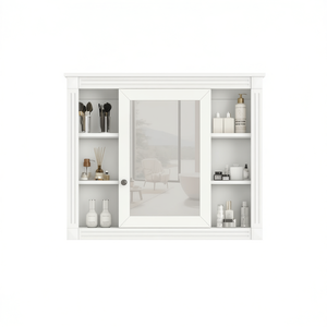 Armoire de rangement murale moderne pour salle de bain 35'' x 28'' avec miroir en verre à cadre blanc anti-buée et étagères ouvertes, design rectangulaire - Product Image 1
