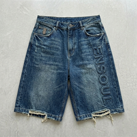 Shorts en jean pour hommes, style streetwear, coupe large, longueur genou, effet vieilli, gaufré, délavé, effiloché, personnalisable, Fabricant OEM/ODM