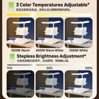 Lampe de bureau LED rechargeable multifonctionnelle à 3 couleurs avec variateur d'intensité, protection oculaire, support de lecture réglable et horloge