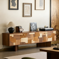 Meuble TV en bois massif de style Mid-Century, design original et artistique, avec rangement intégré, à poser au mur, pour salon