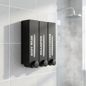 Distributeur de savon triple mural, pour gel douche, shampoing, après-shampoing, organisateur de salle de bain, style minimaliste en plastique noir - Product Image 1