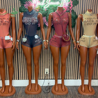 Ensemble short deux pièces mode estivale pour femme, imprimé lettres, sans manches, body en maille transparente et short pour femme