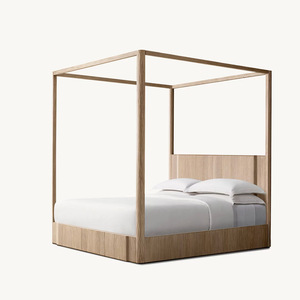 Lit à baldaquin scandinave haut de gamme en chêne massif, base plateforme à quatre poteaux, tête de lit basse pour chambre à coucher, personnalisable OEM/ODM - Product Image 4