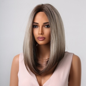 Peluca sintética larga y recta para mujer, resaltado de platino marrón degradado con raíces oscuras, pelo corto resistente al calor para Cosplay - Product Image 5