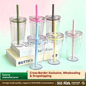 Gobelet en plastique transparent de 450 ml avec paille, design moderne, populaire sur internet, tasse haut de gamme pour café et thé au lait, mug de bureau avec logo - Product Image 3