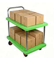 Chariot utilitaire en plastique à plateforme à 2 niveaux, à poignée unique, entièrement silencieux, vert, 48*72cm, charge 150kg, avec garde-corps, OEM, pour le transport d'outils