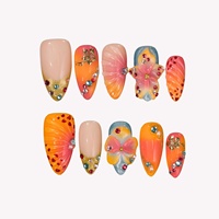 Ongles à presser en acrylique, forme amande, longueur moyenne, avec papillons 3D et strass colorés, dégradé orange rose vif, vente en gros