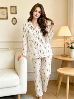 Pyjama en pur coton pour femme, printemps-automne, taille élastique, respirant, motif floral, luxe, manches longues, col rabattu, pour la maison et l'extérieur