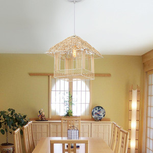 Lámpara Colgante de Ratán y Acero Inoxidable, Estilo Pagoda, Bombilla LED E26, Luz Blanca Cálida 3500K, Dorado, Altura Ajustable, para Sala de Estar, Tamaño Grande - Product Image 3