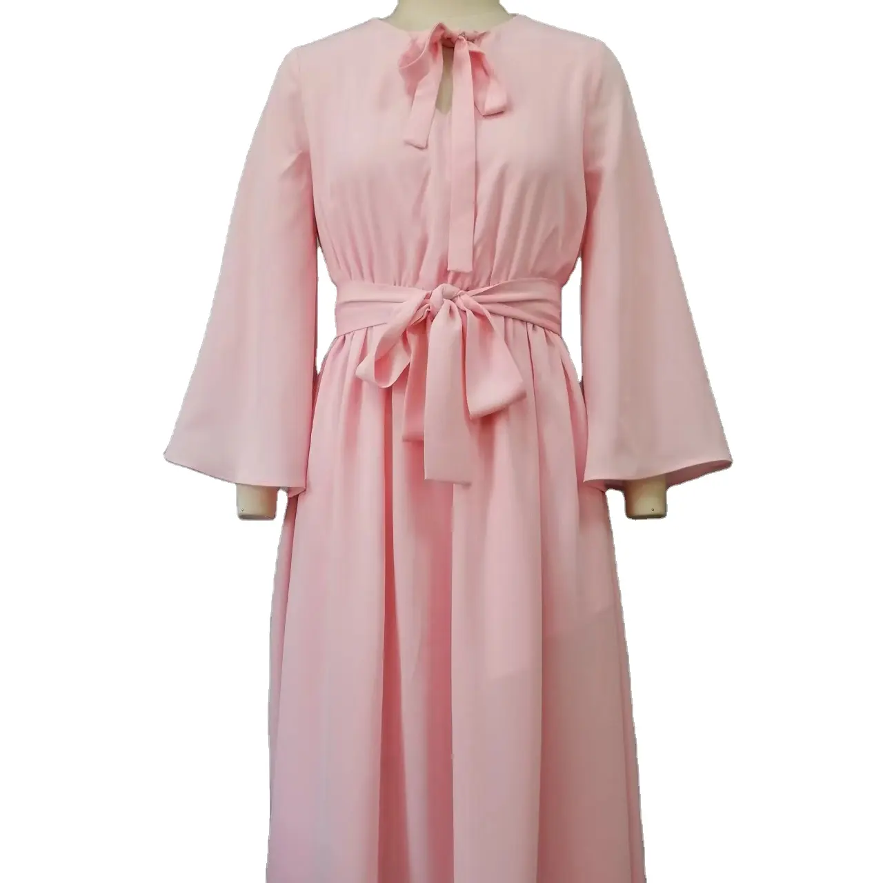 New Ladies Beautiful Maxi Pink Dress With Long Sleeves And Sash Muslin Dress Women Fashion Sweet Dresses With High Fashion