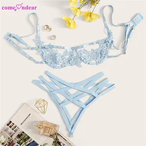 Delicate Meisje Blauwe Kanten Balkon Beha Panty Stijlvolle Hollow Out Sexy Bralette Womens Lingerie Set Push Up Slipje Beha