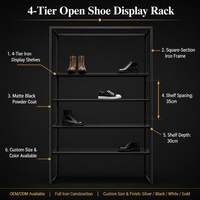 Expositor de Zapatos Abierto de Hierro de 4 Niveles con Recubrimiento de Polvo Negro Mate, Tamaño Personalizado, para Tiendas Minoristas, Soporte de Exhibición de Calzado, OEM ODM Disponible