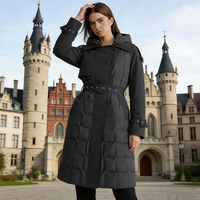 Manteau long noir en duvet avec capuche amovible, double boutonnage, ceinture, doudoune d'hiver pour femme, prix d'usine