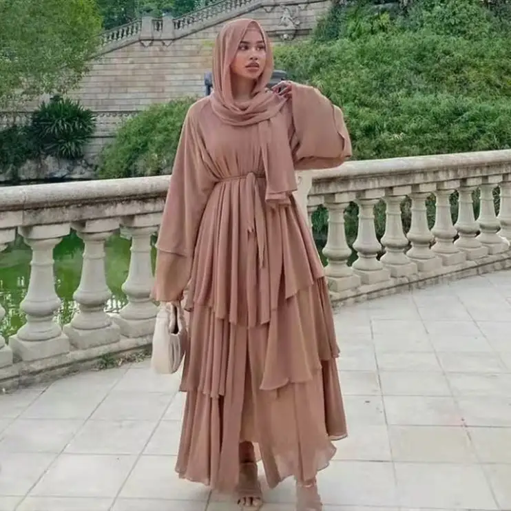 Dubai Kalkoen Arab Oman Elegante Chiffon Kimono Voor Vrouwen Moslim Effen Kleur 3 Lagen Open Islamitische Kleding Moslim Jurken Abaya