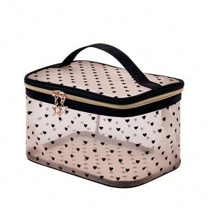 Clear Heart Pattern Cosmetic Toiletry Bag With Handle Gold Zipper Transparent <b>Travel</b> Makeup Bags Promotion <b>Gift</b> - Product Image 1