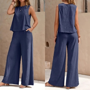 Venta caliente al por mayor nuevo conjunto informal de dos piezas para mujer Camisa sin mangas sólida suelta pantalones de pierna ancha conjunto de ropa de verano - Product Image 1