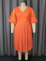 Robe décontractée d'été mi-longue plissée à col en V en dentelle à manches courtes AM050335 pour femme, tendance, orange