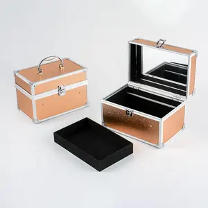 Glary orange makeup organizer case lockable makeup carry case with mirror cosmetic case