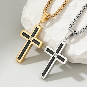 Collier pendentif croix en acier inoxydable pour hommes et femmes, couleur or, incrustation noire en pierre CZ, bijoux chrétiens pour un usage quotidien - Product Image 1