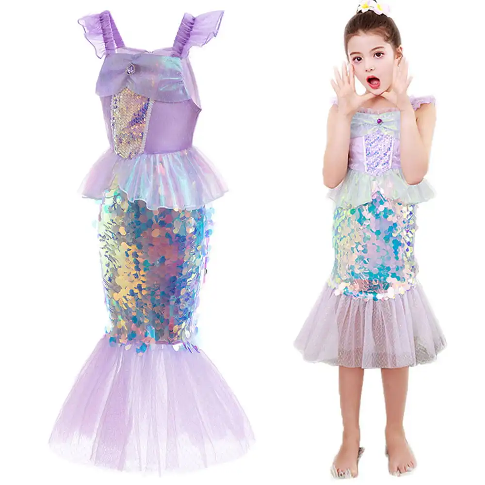 Vestido de sirena de encaje para fiesta de Navidad de Halloween, vestido de sirena con cola de lentejuelas, disfraz de Cosplay para niña