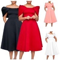 Robe de soirée élégante en satin à col carré, avec nœud sur l'épaule, poches latérales et jupe évasée mi-longue pour femme