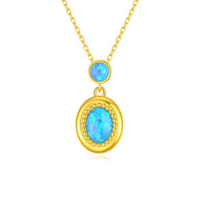 925 Sterling Silver Gold Plated Two Stone Blue <b>Opal</b> Bezel Set Pendant <b>Necklace</b> Dainty Vintage Jewelry For Women - Product Image 1