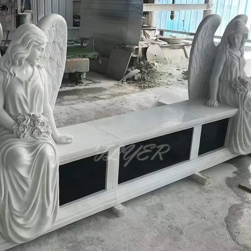 Lápide de pedra de mármore branco para cemitério Angel Heart Monumento esculpida à mão