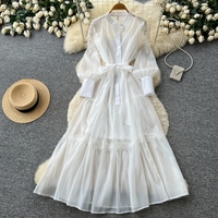 Robe longue élégante pour femme WIWT, rose, coupe trapèze, décontractée, avec perles et dentelle, col montant, manches longues, ceinture, fluide, pour le quotidien