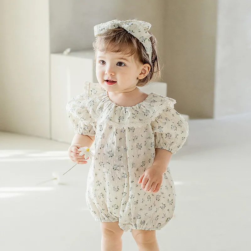 Setelan baju monyet bayi perempuan, Romper musim panas dan celana pendek motif bunga katun Korea pakaian bayi set 12-18 bulan