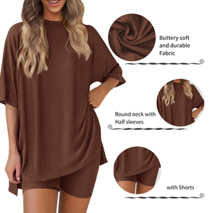 <span class=keywords><strong>Pigiama</strong></span> coordinato da <span class=keywords><strong>donna</strong></span> POVTY personalizzato in bambù, estivo, casual, <span class=keywords><strong>oversize</strong></span>, con pantaloncini a vita elastica, 2 pezzi, stampa frontale - Product Image 2