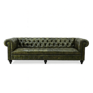 Sofá Chesterfield de Cuero Genuino de 3 Plazas con Espuma |   Sillón de Lujo Verde Tapizado para Sala de Estar, Estilo Moderno de Mediados de Siglo, Ideal para Villas, Apartamentos y Hoteles - Product Image 1