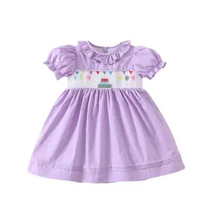 2024 primavera nuevo diseño Boutique niños Smocked vestido Puff manga volante cuello bebé niñas cumpleaños vestido