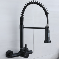 Robinet de cuisine mural en acier inoxydable noir mat avec douchette extractible à ressort pour hôtels, vente en gros