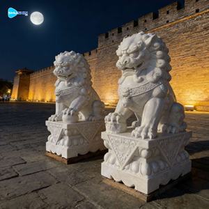 중국 야외 실물 크기 화강암 푸 도그 백색 대리석 수호사자 조각상 - Product Image 5