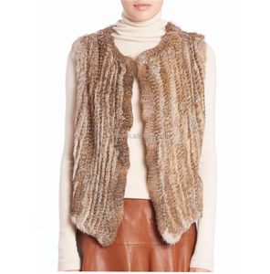YRFUR YR014 Chaleco de piel de conejo real tejido a mano de estilo clásico para mujer Chaleco de piel genuina de alta calidad - Product Image 1