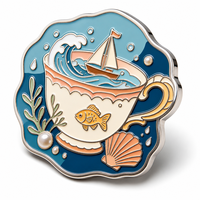 Épinglette en émail souple Teacup Ocean, bateau à voile antique, perle, pour badge métallique de design, bord plaqué argent, cadeau de collection